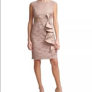 NWT Jessica Howard Cascade Ruffle Sheath Dress Beige Silver Petite 4P